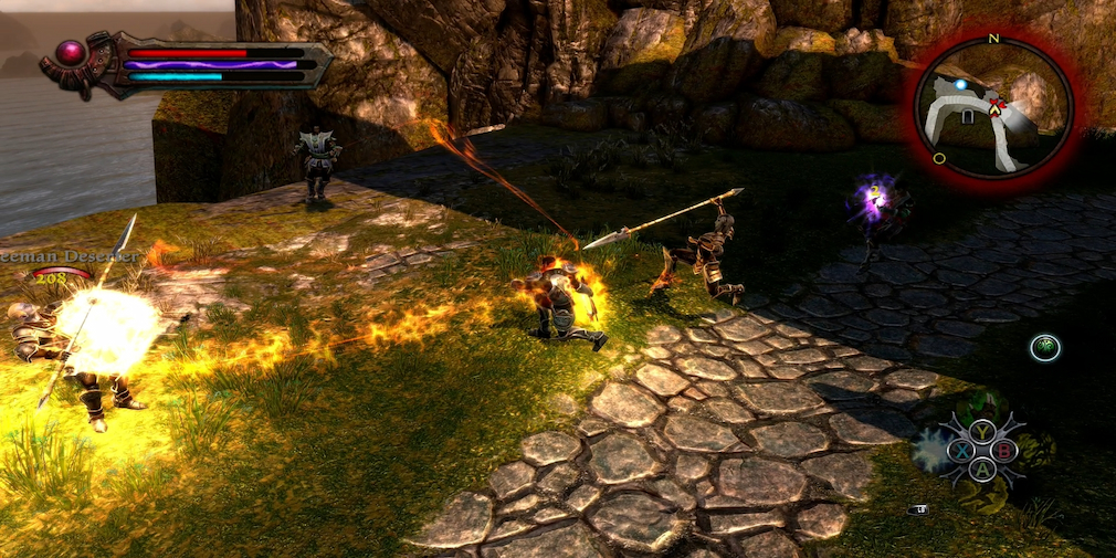 A character in combat against multiple enemies