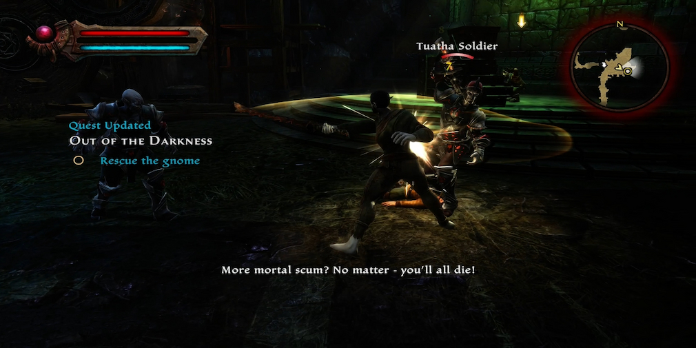 A character in combat against two foes