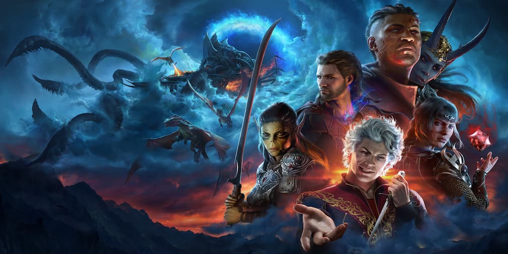 Six characters posing before dragons in flight and a tentacled floating object