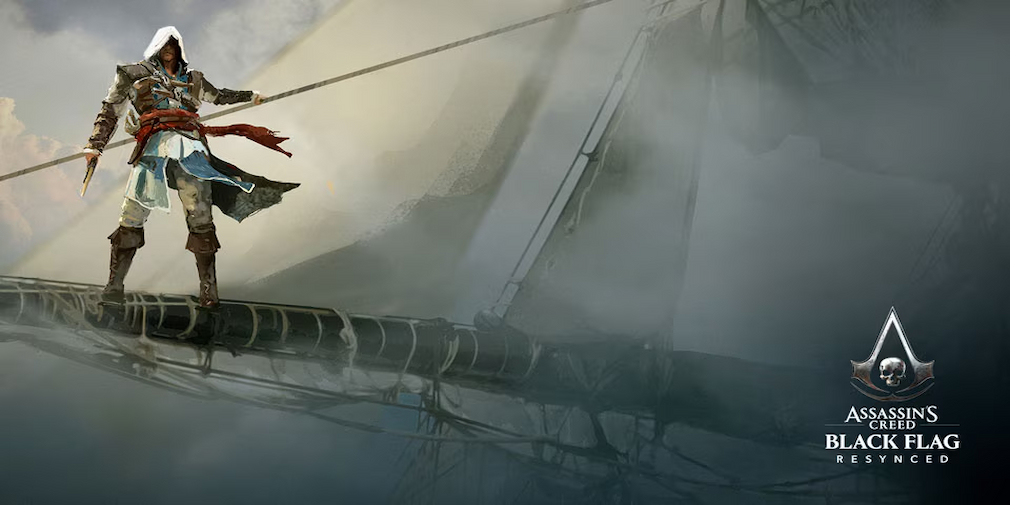 A pirate stands on a ship mast with the Assassins Creed Black Flag Resynced logo in the image