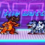 Three digital beasts face each other on either side of the screen