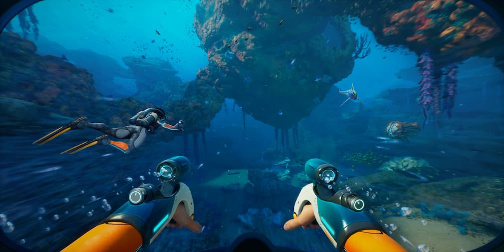 A diver following another through an underwater scene