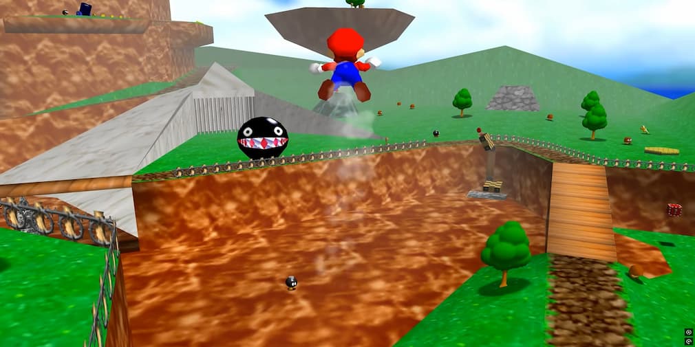 Mario flying through the air with a chain chomp watching