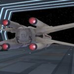 A spaceship, the X-Wing, about to take off