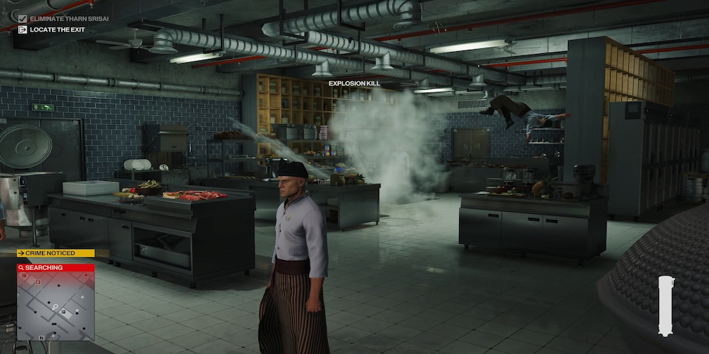 A man dressed as a chef is looking away from an explosion that sent someone flying