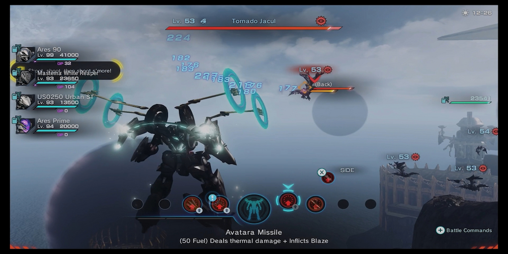 A robot in mid-air combat with a bird, firing discs