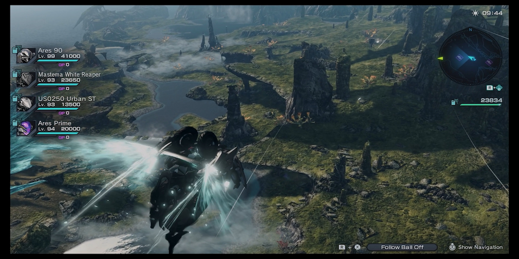 A robot flying through the air about a beautiful scene of meadow, rivers, and rock formations