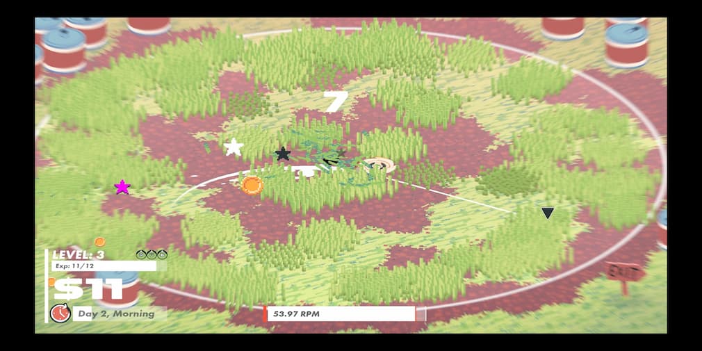 A spinning top mowing grass to earn coins