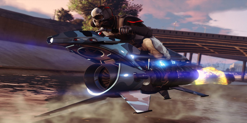 A character flying around on a rocket bike