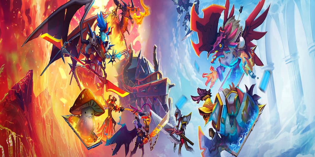 Multiple demonic allies against a backdrop of fire face off against three monsters in front of a sky arena