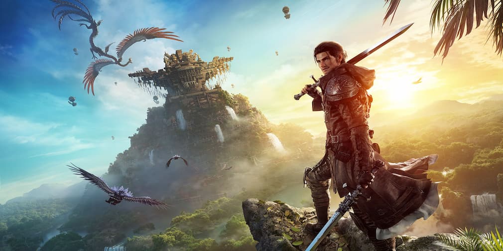 A man wielding a sword in each hand stand before an ancient ruin