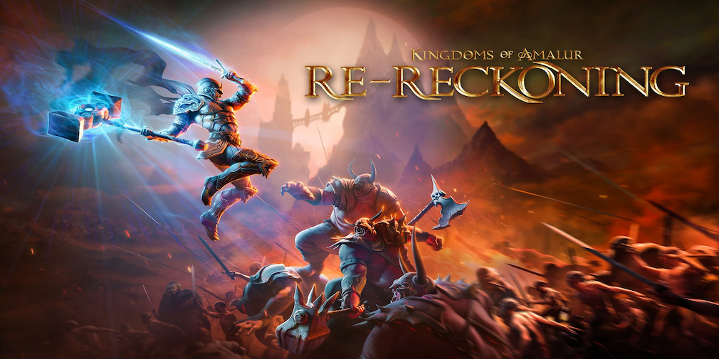 A character holding a sword and hammer leaps towards a horde of enemies