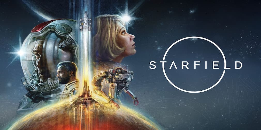 Four characters stare into the vastness of space besides the words Starfield