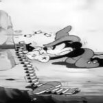 A popular mouse character crouches behind a rock firing a gun