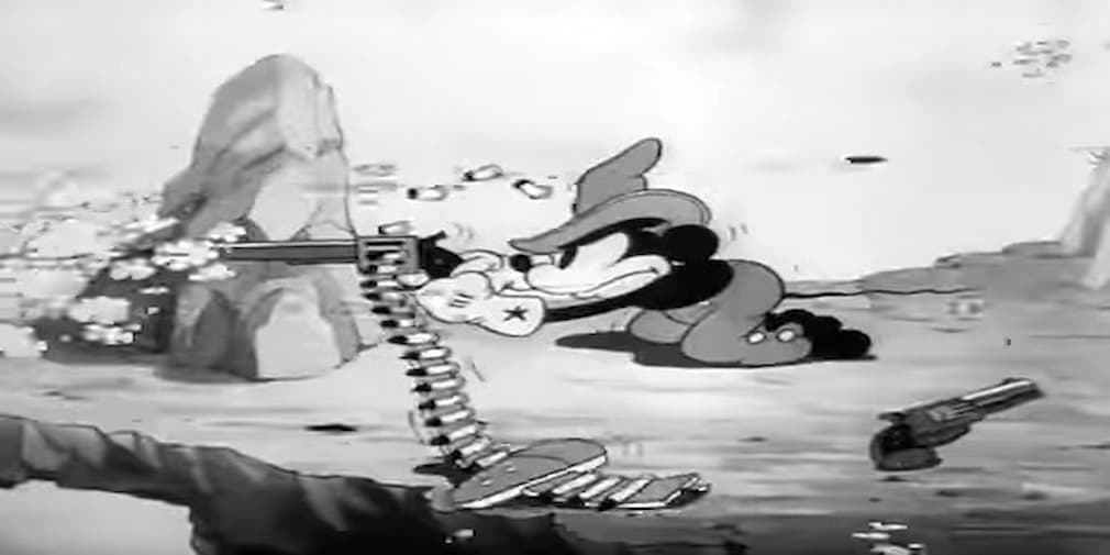 A popular mouse character crouches behind a rock firing a gun