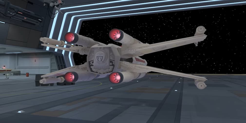 A spaceship, the X-Wing, about to take off