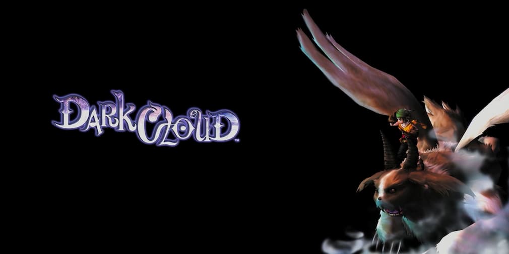The words Dark Cloud float next to a boy as he rides a flying beast with wings