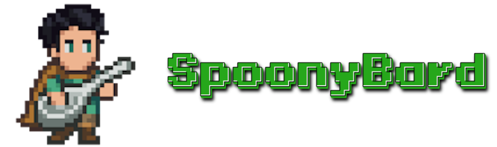 The words Spoony Bard in pixel form next to a sprite in a green tunic holding as a spoon as a lute