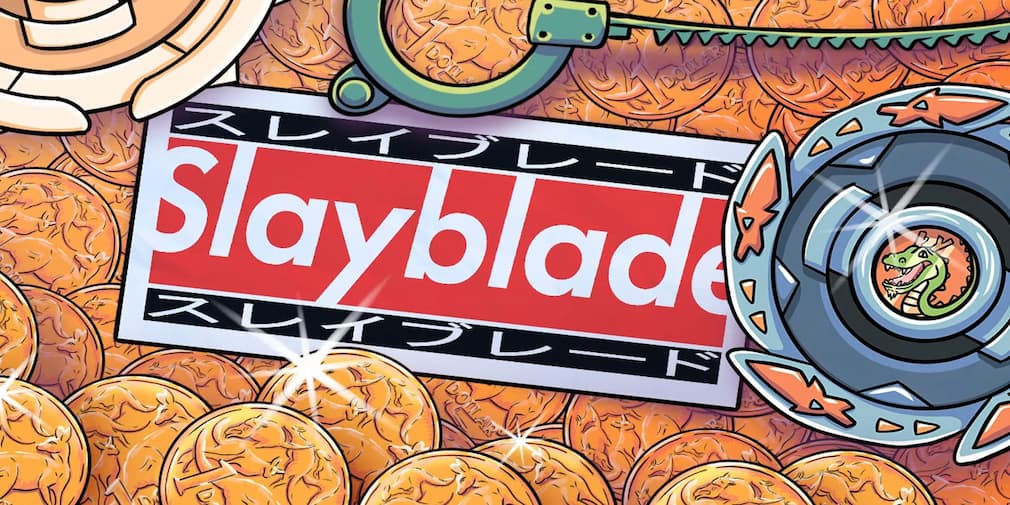The words Slayblade next to a spinning top